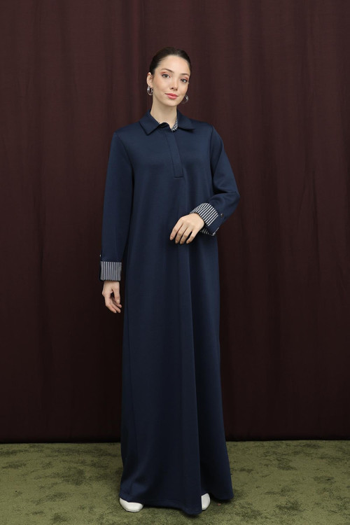Kadın Gizli Patlı Polo Yaka Elbise - 12652ELB - NAVY