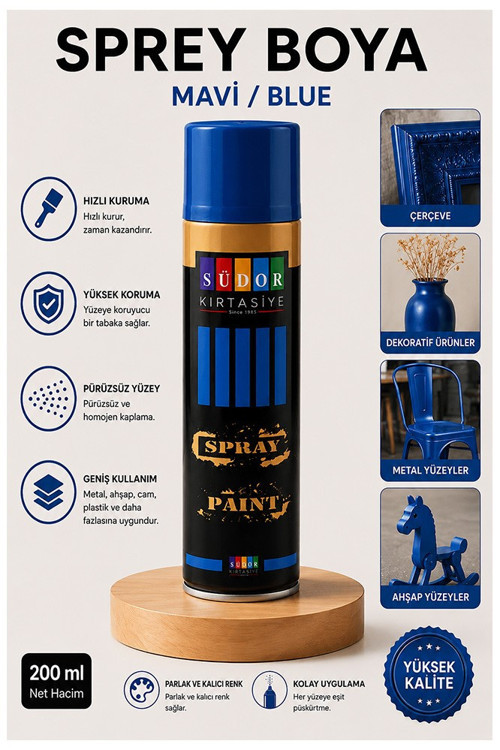 Mavi Sprey Boya 200 ml 1 Adet Südor Hızlı Kuruyan Renkli Profesyonel Canlı Renk Ahşap Plastik Demir Metal Porselen Cam