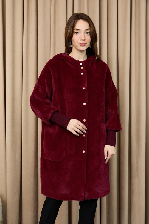 Kadın Kapüşon Detaylı Çıtçıtlı Angora Kaban - 15232KBN - BURGUNDY
