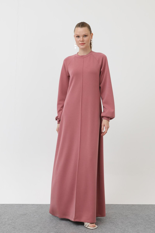 Kadın Nervür Dikişli Reglan Kol Elbise - 12557ELB - ROSE