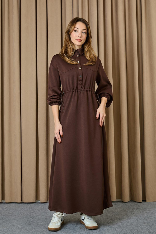 Kadın Beli Tünelli Çıtçıt Detaylı Elbise - 12655ELB - BROWN