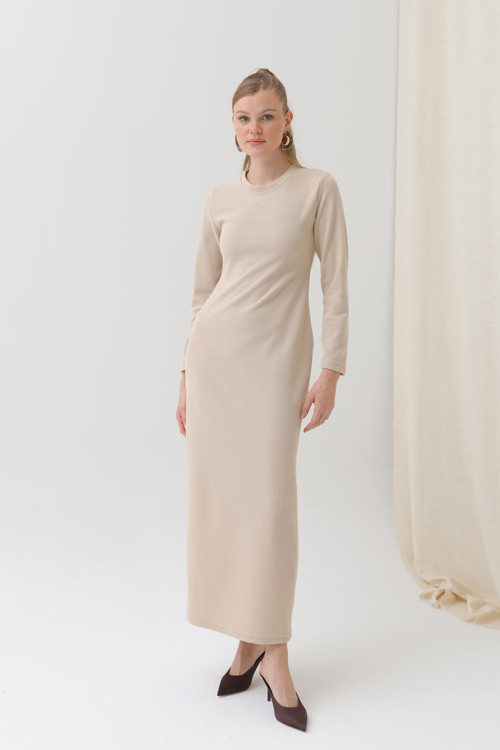Kadın Basic Uzun Kollu Triko Maxi Elbise-12591ELB - BEIGE