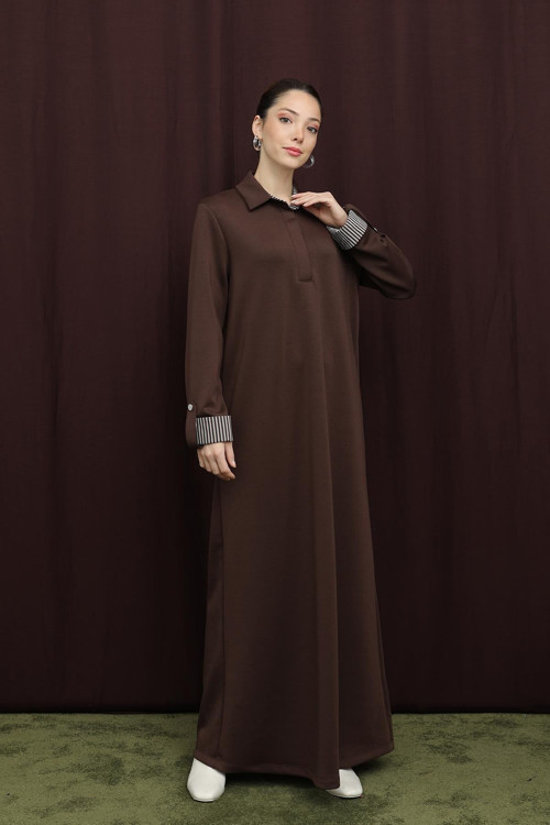 Kadın Gizli Patlı Polo Yaka Elbise - 12652ELB - BROWN