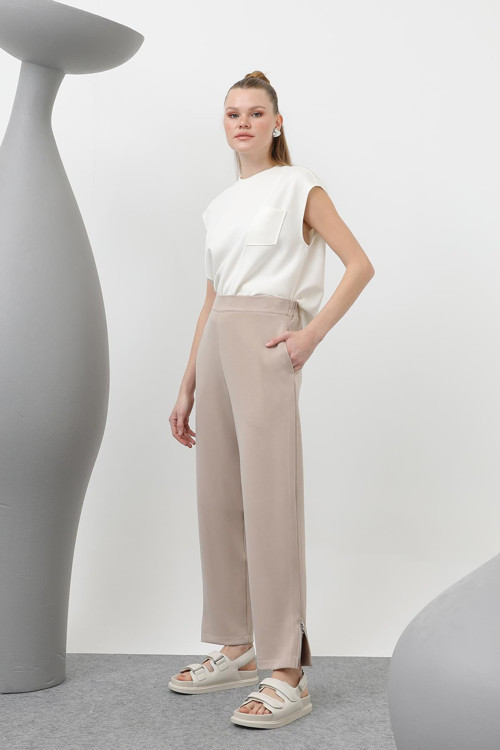 Kadın Ön Korsaj Arka Lastik Pantolon - 18225PNT - BEIGE