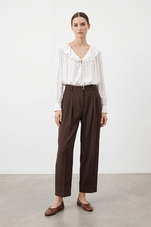 Kadın Yüksek Bel Pile Detaylı Kumaş Pantolon – 26S-18297PNT - BROWN