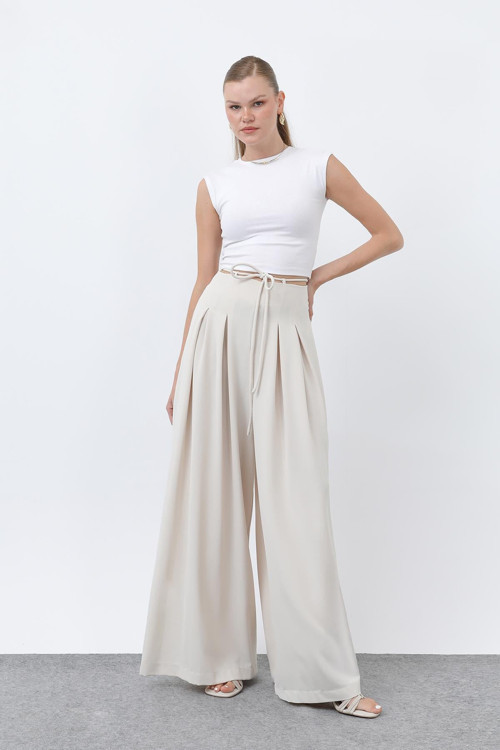 Kadın Beli Kuşaklı Pileli Bol Kesin Pantolon -18241PNT - BEIGE