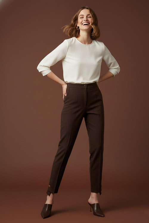 Kadın Paça Düğme Detaylı kumaş Pantolon -18277PNT - BROWN