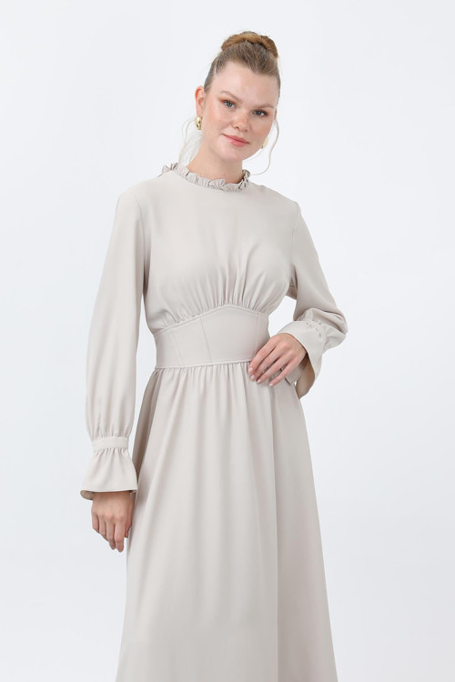 Kadın Beli Korsajlı Yakasıl Detaylı Elbise -12614ELB - BEIGE