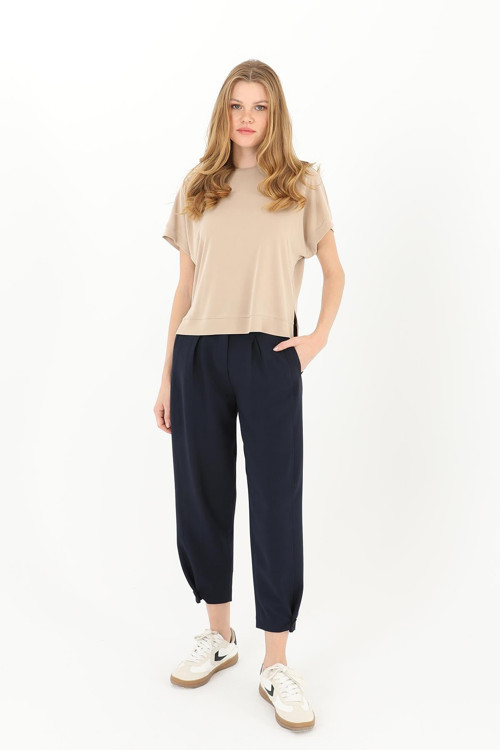 Kadın Önden Pleli Paçası Düğmeli Pantolon - 18123PNT - NAVY