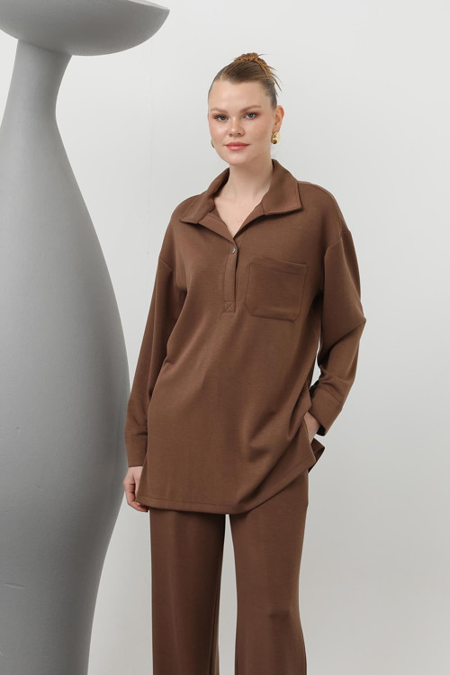 Kadın Yakası Çıtçıtlı Cep Detaylı Pantolonlu Takım - 20605TKS - BROWN
