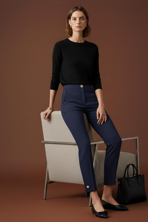 Kadın Paça Düğme Detaylı kumaş Pantolon -18277PNT - NAVY