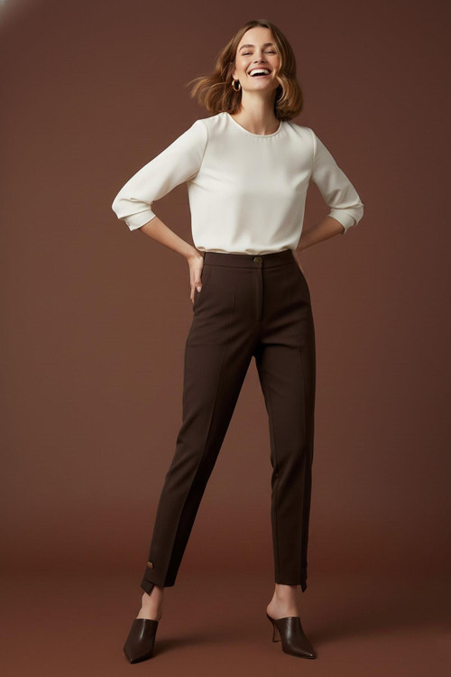 Kadın Paça Düğme Detaylı kumaş Pantolon -18277PNT - BROWN