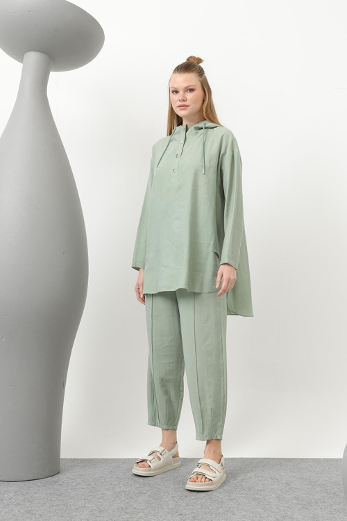 Kadın Çıtçıtlı Ve Kordon Detaylı Kapişonlu Pantolonlu Takım - 20609TKS - ALMOND GREEN