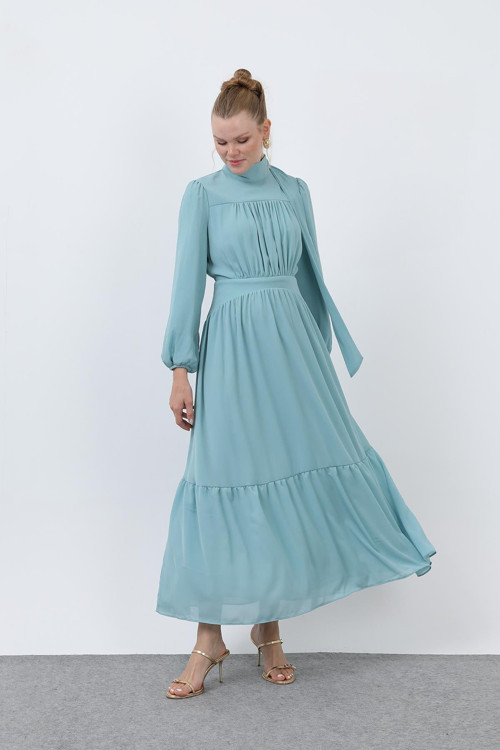 Kadın Drape Detaylı Yüksek Yaka Elbise - 12613ELB - MINT