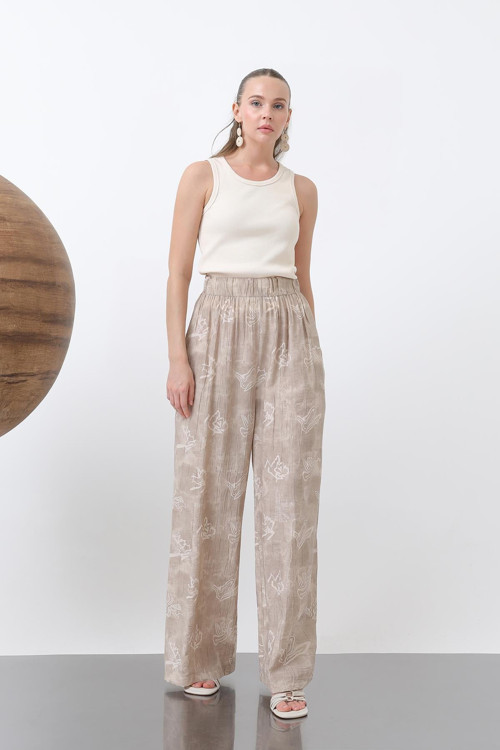 Kadın Desenli Beli Lastikli Bol Pantolon - 18240PNT - BEIGE