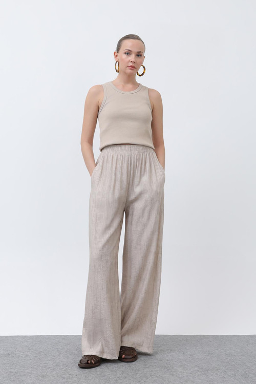 Kadın Beli Lastikli Bol Pantolon - 18238PNT - STONE