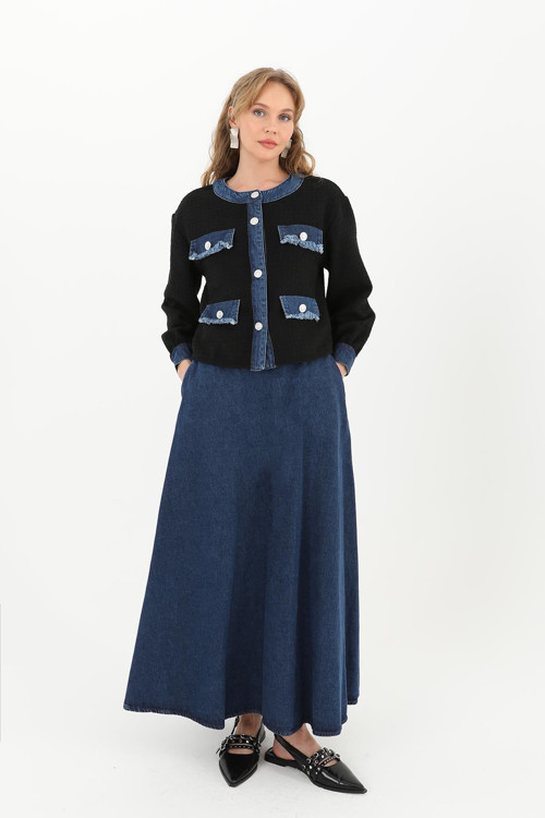 Kadın Tüvit Ceket Denim Etek Takım - 14259TKS - BLACK