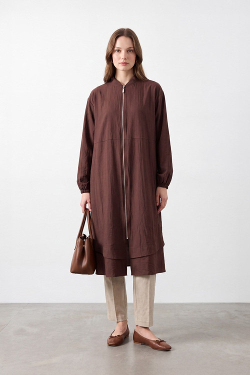 Kadın Doğal Dokulu Fermuarlı Kap -15270KAP - BROWN