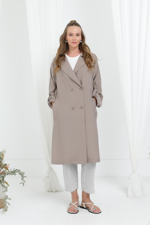 Kadın Oversize Modern Kesim Uzun Trençkot-15205KP - MINK