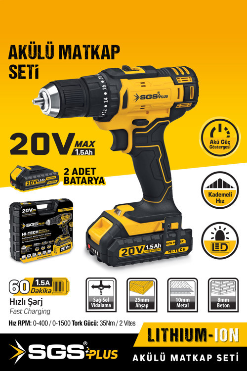SGS5249 20 Volt 1.5 Amper Akülü Şarjlı Matkap Vidalama Seti Çift Akülü 35 Nm Tork