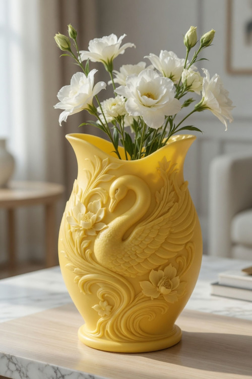 MYCRAFT3D Kuğu Desenli Dekoratif Vazo 15 cm | 3D Baskılı Mat Dokulu Şık Masa ve Raf Dekoru