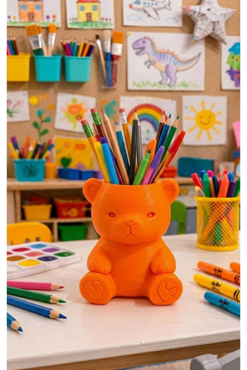 MYCRAFT3D Turuncu Sevimli Ayıcık Masaüstü Düzenleyici - Çocuk Odası Kalemlik ve Organizer