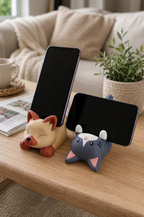 MYCRAFT3D 2'li Set Kedi Figürlü Telefon Tutucu Stand - 3D Baskı Ofis Masaüstü Aksesuarı ve Biblo