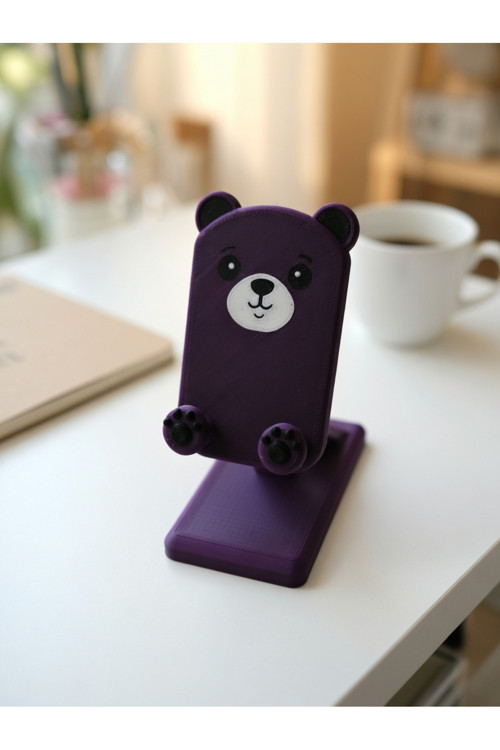 MYCRAFT3D Pati ve Ayı Tasarımlı Sevimli Telefon Standı - Mor - Çocuklara/HayvanSeverlere Hediye