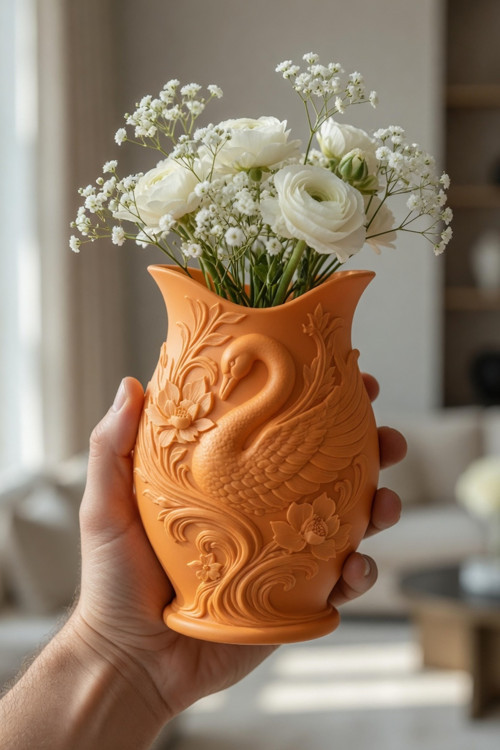 MYCRAFT3D Kuğu Desenli Dekoratif Vazo 15 cm | 3D Baskılı Mat Dokulu Şık Masa ve Raf Dekoru
