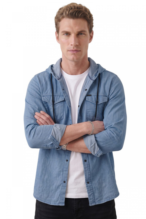 Koyu Mavi Kapüşonlu Likralı Kot Gömlek – Slim Fit Çıt Çıt Kapamalı Erkek Gömlek 2300396
