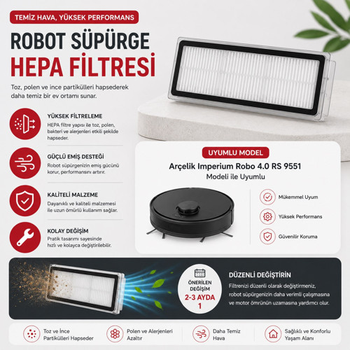 Arçelik Imperium Robo 4.0 RS 9551 Modeli ile Uyumlu Robot Süpürge Hepa Filtresi