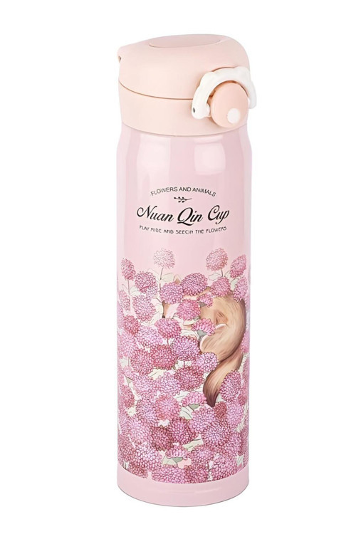050-01-PEMBE ÇİÇEK DESENLİ PASLANMAZ ÇELİK TERMOS 500ML