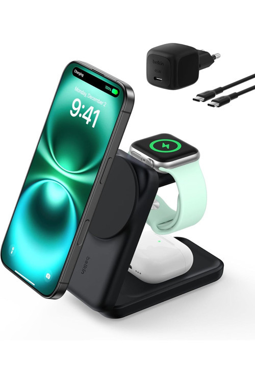 Ultracharge Magsafe Uyumlu 3’Ü 1 Arada Qi2 25W Kablosuz Şarj Cihazı, İphone 16, Watch,
