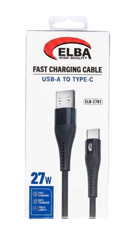 Elb-2701 27W Usb-A To Type-C 1 Metre Siyah Örgülü Şarj Kablosu 480Mps Hızlı Şarj