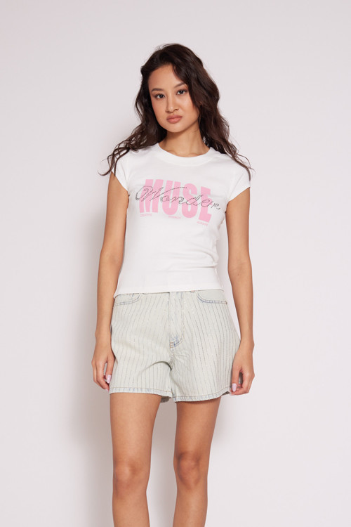 STRASS TAŞ BASKILI BİSİKLET YAKA T-SHIRT