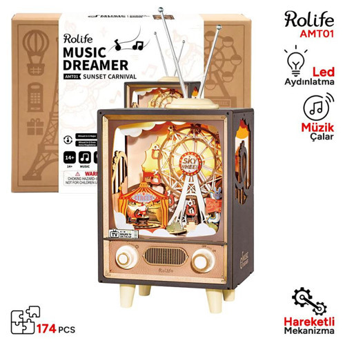 AMT01 Dönme Dolaplı Müzik Kutusu Sunset Carnival DIY Minyatür Maket Model Seti Ahşap 3D Wooden Puzzle Ahşap Maket