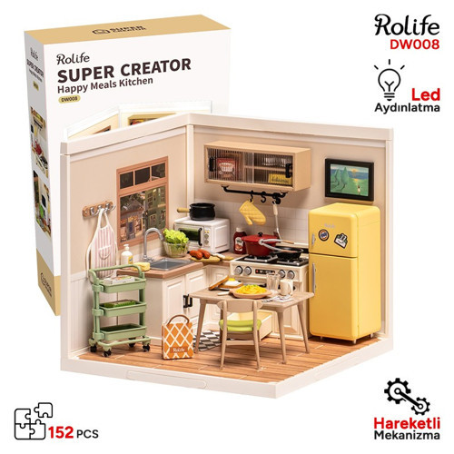 DW008 Mutlu Yemekler Mutfağı Happy Meals Kitchen DIY Minyatür Maket Model Seti Mini Dollhouse Model Kit 3D Puzzle