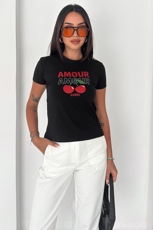 Paris Cherry Minimal Baskılı Crop Tişört