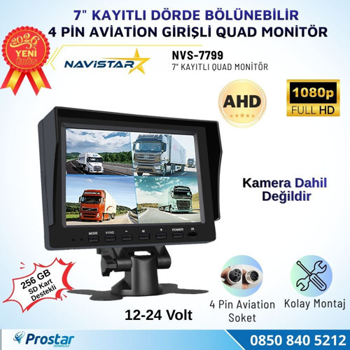 7 inç Dörde Bölünebilir Kayıtlı Quad Monitör 4 Pin Aviation Girişli AHD 1080P/720P/CVBS Analog Pal Ntsc 256GB SD Kart De