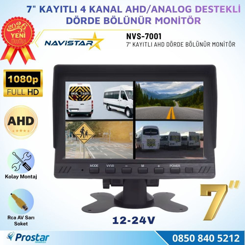 Kayıtlı 7 inç AHD Analog 4 Kanal Full HD Quad Araç Monitörü RCA Bağlantılı 12-24V
