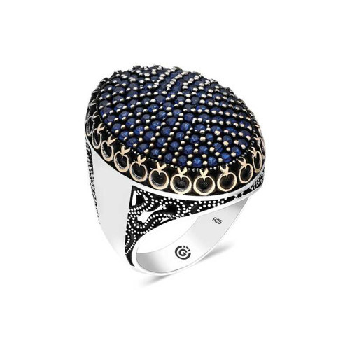💎 Premium Gümüş Lacivert Zirkon Taşlı Oval Erkek Yüzük - 23 Ölçü