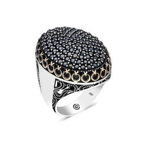💎 Premium Gümüş Siyah Zirkon Taşlı Oval Erkek Yüzük - 21 Ölçü