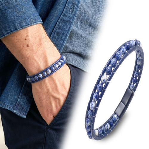 💎 Premium 6mm Mavi Damarlı Akik Taşlı Deri Kordon Ve Çelik Bileklik 31832B2D6M9 - 21 cm