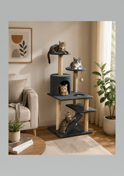 NRS-0090 Yuvarlak Yuvalı Dekoratif Kedi Tırmalama Evi Antrasit