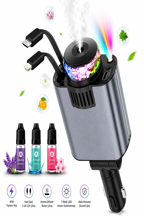 C7 Araç Şarj Cihazı 5İn1 45W Hızlı Şarj Oto Parfüm Difüzör Type-C & Lightning Makaralı Kablo Rgb Yıldız Işığı Araç İçi Nemlendirici