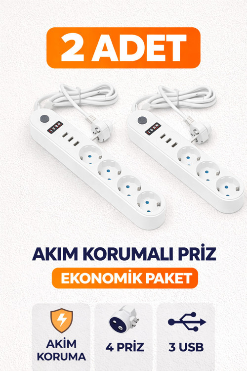 2 Adet Akım Korumalı 4'Lü Priz 3 Usb Girişli 2 Metre Kablolu Çoklu Priz Uzatma Prizi
