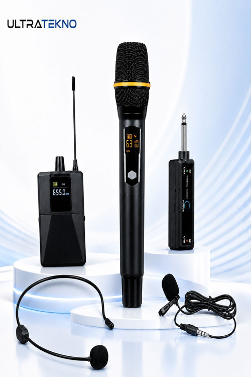 Uhf Kablosuz Mikrofon Seti El Yaka Ve Boyun Mikrofonlu 6.5 Mm Alıcılı 3.5 Mm Çeviricili Profesyonel Mikrofon Sistemi