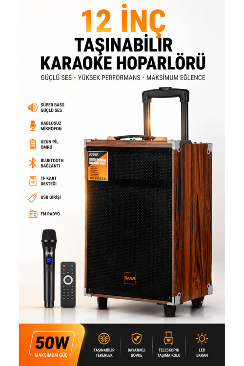 B-Q12 50W Süper Bass Bluetooth Hoparlör Karaoke Sistemi Kablosuz Mikrofonlu Taşınabilir Valiz Tipi Ses Sistemi 12 İnç Tekerlekli