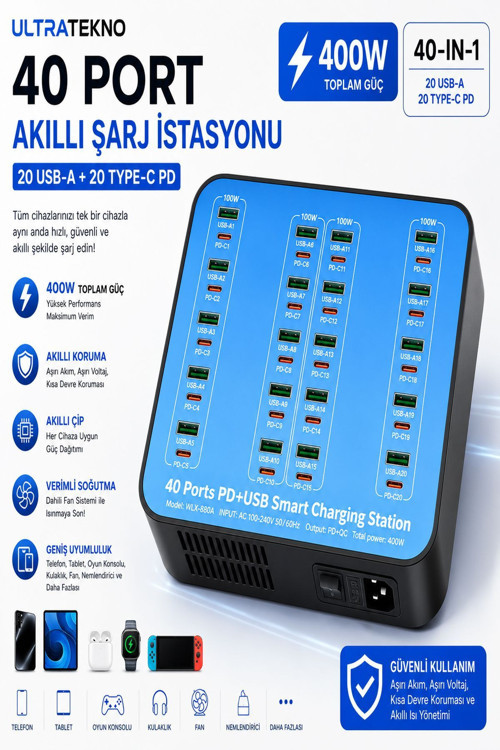 Wlx-880A 40 Port 400W Akıllı Şarj İstasyonu 20 Usb + 20 Type-C Pd Hızlı Şarj Cihazı