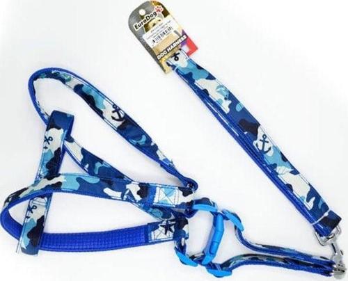 Euro Dog Köpek Uzatma Tasması ve Göğüs Tasması Takımı Mavi Kamuflaj 25 Mm 120 Cm